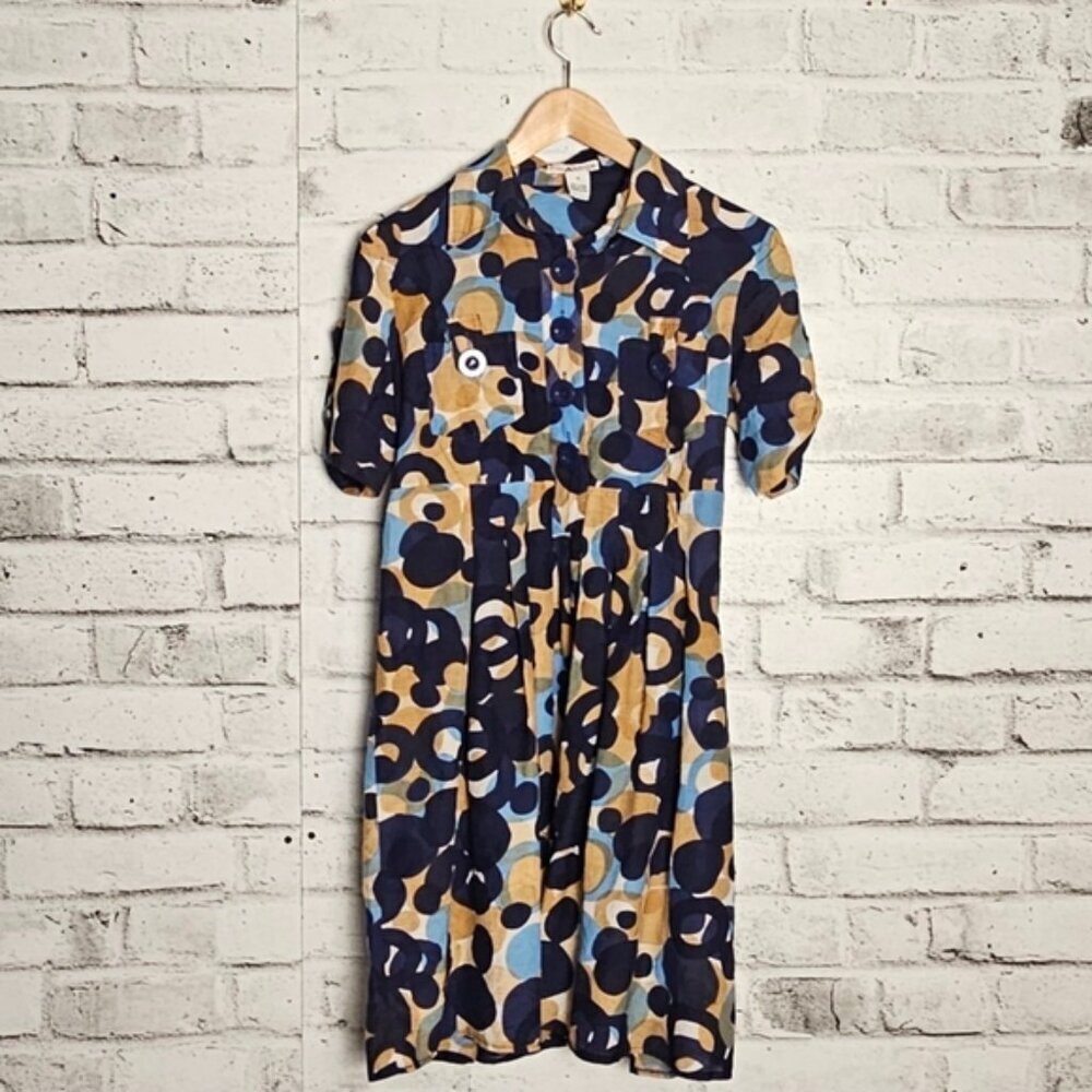 Kensie Abstract Print Mini Dress Blue Tan Retro Mod Short Sleeve Size 10